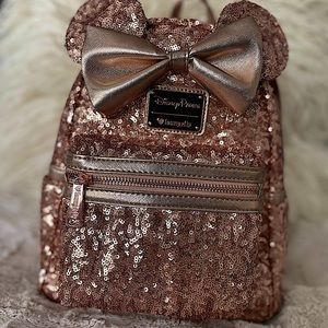 Disney Loungefly Mini Backpack Sequin Minnie Mouse w/ Crown - Rose Gold